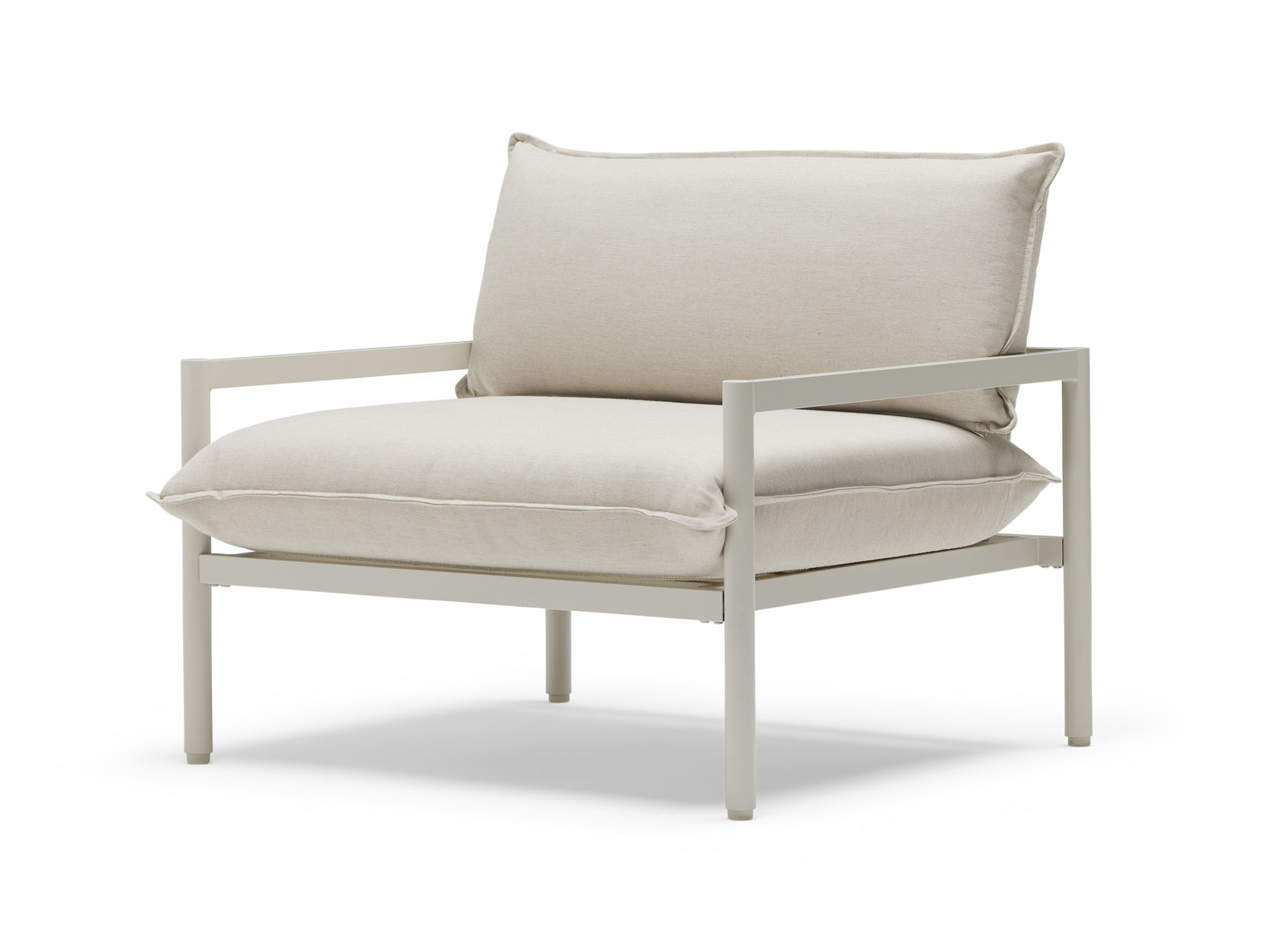 Front angle view of outdoor chair with white cushions and metal legs